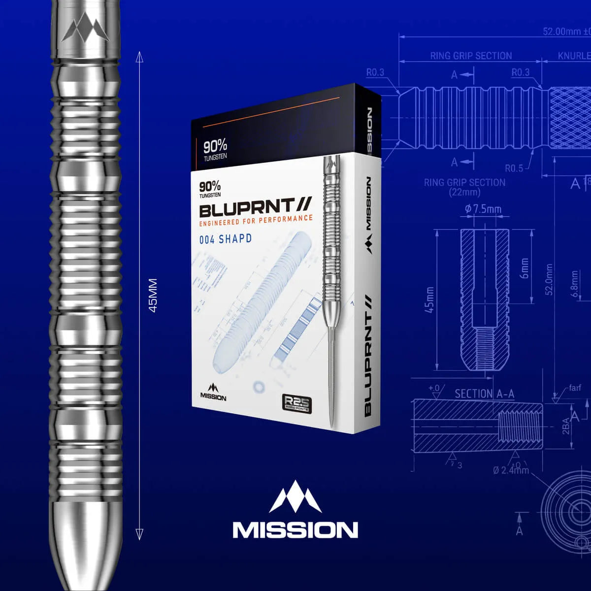 Mission BLUPRNT 004 SHAPD R2.5 90% Tungsten Steel Tip Darts-7-23 GRAM-Premier Darts