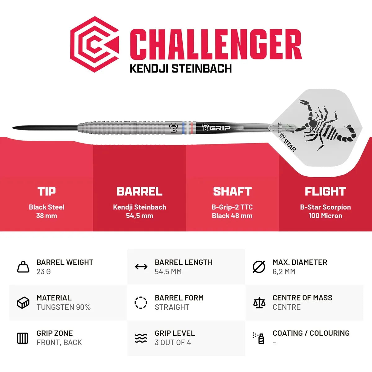 Bull's DE Challenger Kendji Steinbach 90% Tungsten Steel Tip Darts-3-23 GRAM-Premier Darts