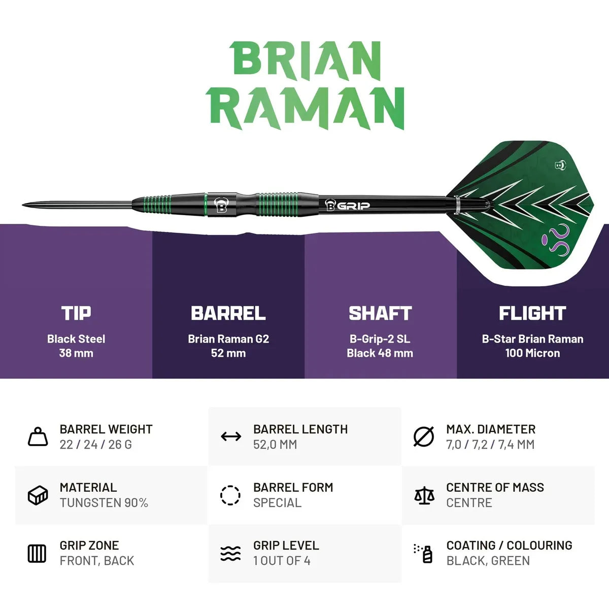 Bull's DE Brian Raman G2 90% Tungsten Steel Tip Darts-3-22 GRAM-Premier Darts