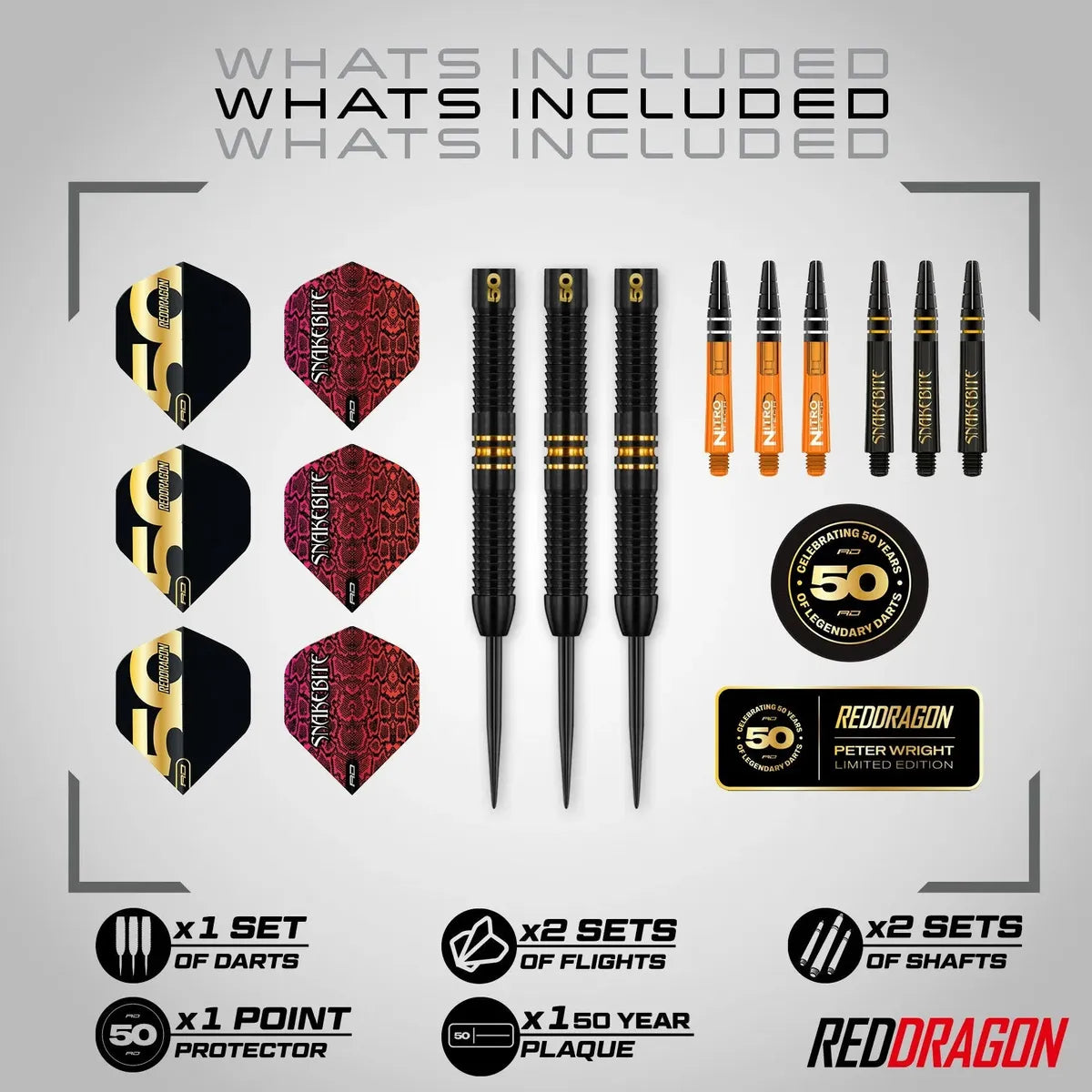 Red Dragon dart set with darts, flights, and shafts on a gray background