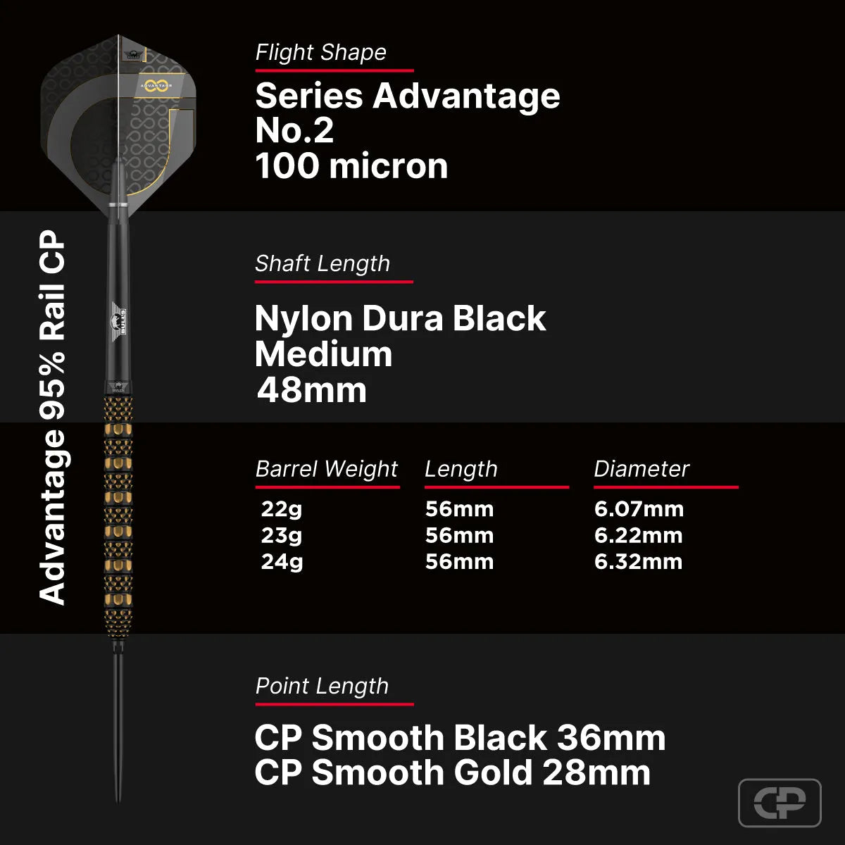 Bull's NL Advantage Rail CP 95% Tungsten Steel Tip Darts-8-22 GRAM-Premier Darts