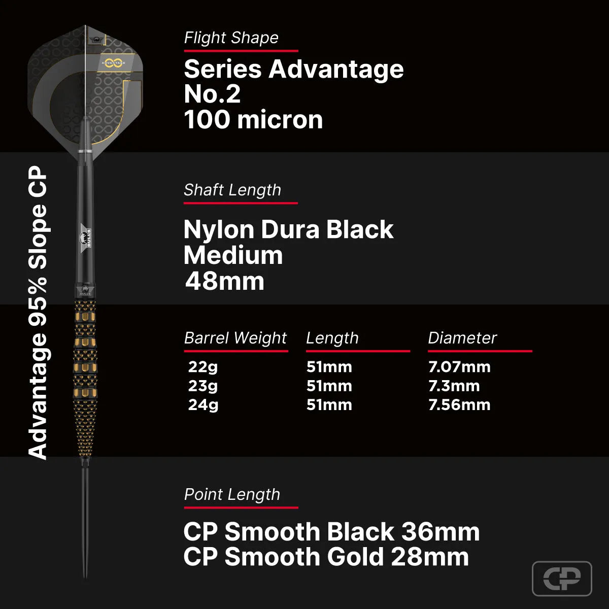Bull's NL Advantage Slope CP 95% Tungsten Steel Tip Darts-8-22 GRAM-Premier Darts