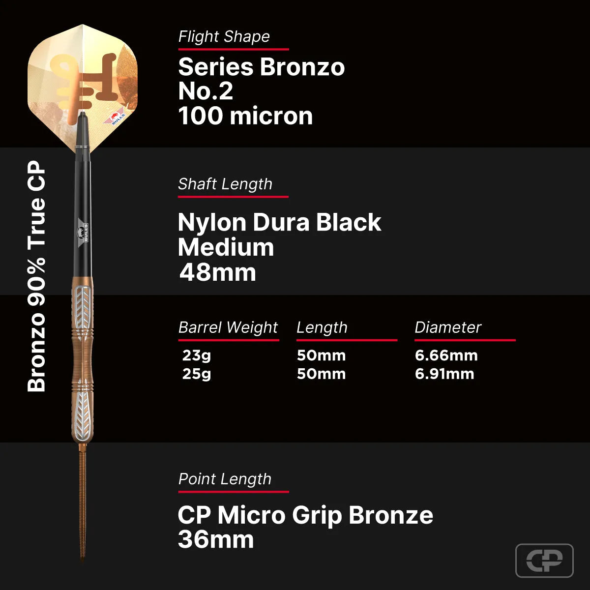 Bull's NL Bronzo True CP 90% Tungsten Steel Tip Darts-6-23 GRAM-Premier Darts
