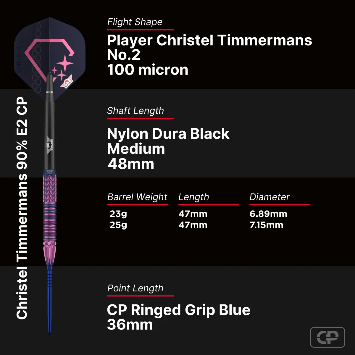 Bull's NL Christel Timmermans E2 CP 95% Tungsten Steel Tip Darts-6-23 GRAM-Premier Darts