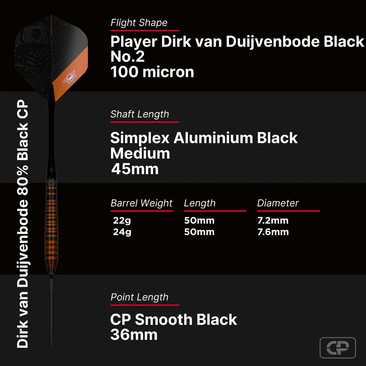 Bull's NL Dirk van Duijvenbode Black CP 80% Tungsten Steel Tip Darts-6-22 GRAM-Premier Darts