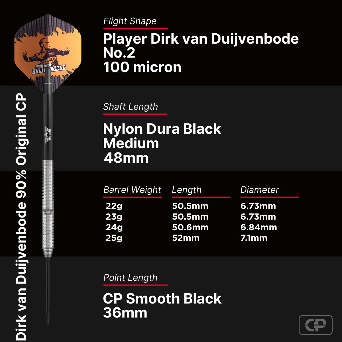 Bull's NL Dirk van Duijvenbode Original CP 90% Tungsten Steel Tip Darts-6-22 GRAM-Premier Darts