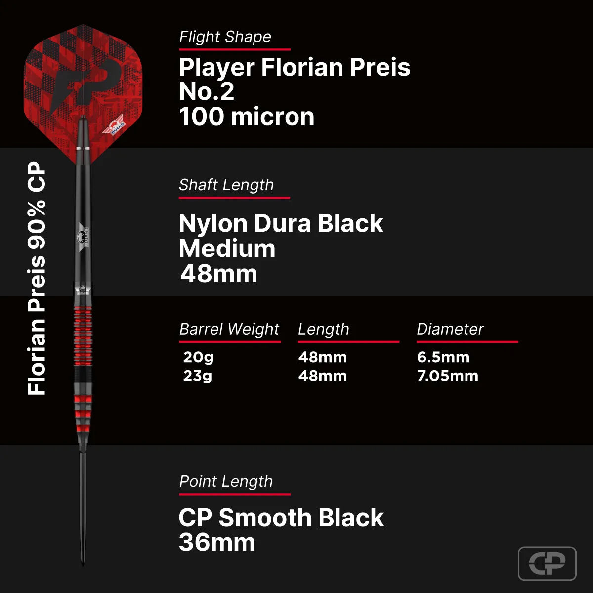 Bull's NL Florian Preis CP 90% Tungsten Steel Tip Darts-6-20 GRAM-Premier Darts