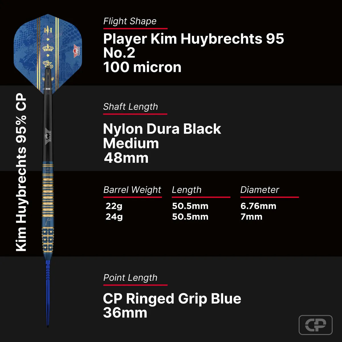 Bull's NL Kim Huybrechts CP 95% Tungsten Steel Tip Darts-6-22 GRAM-Premier Darts