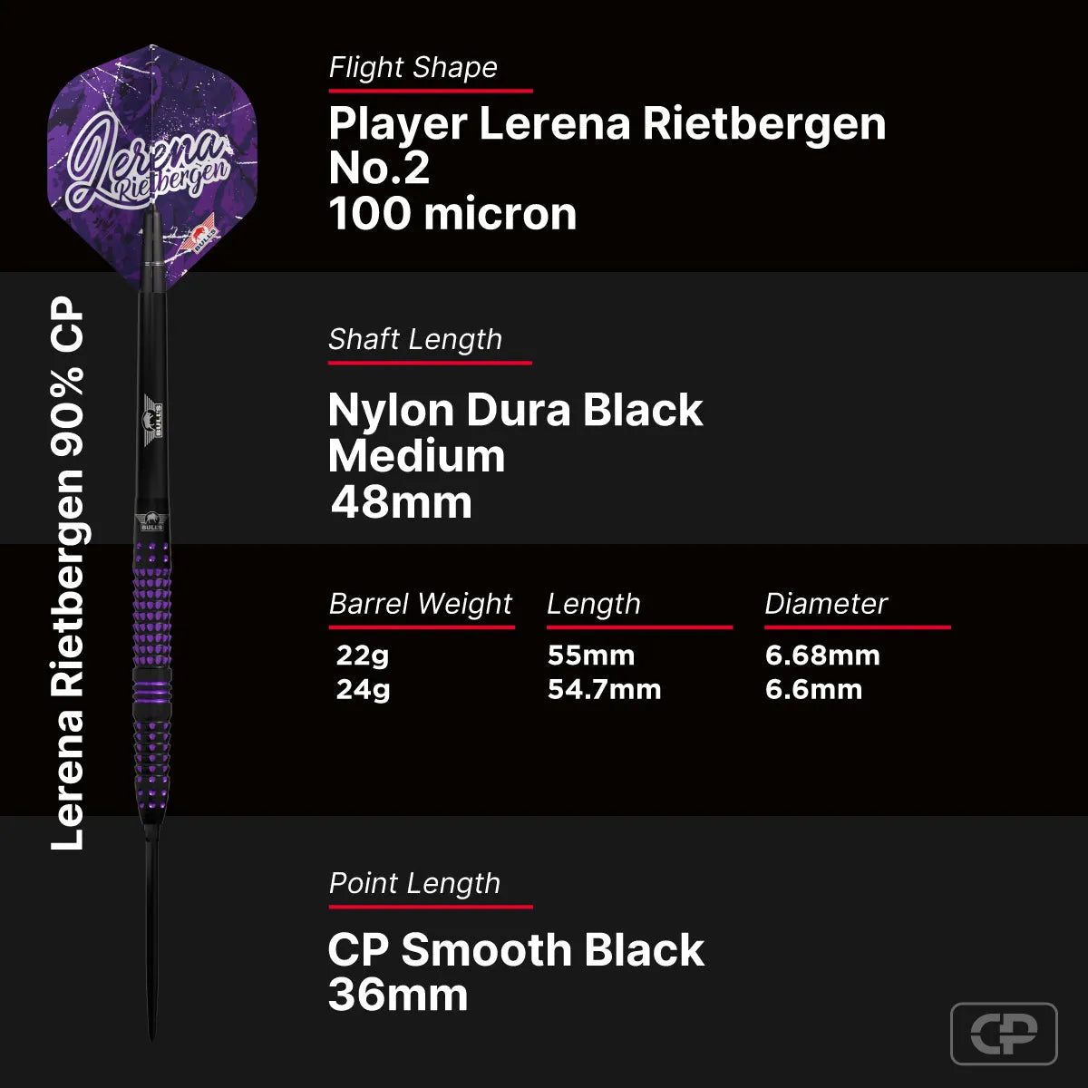 Bull's NL Lerena Rietbergen CP 90% Tungsten Steel Tip Darts-6-22 GRAM-Premier Darts