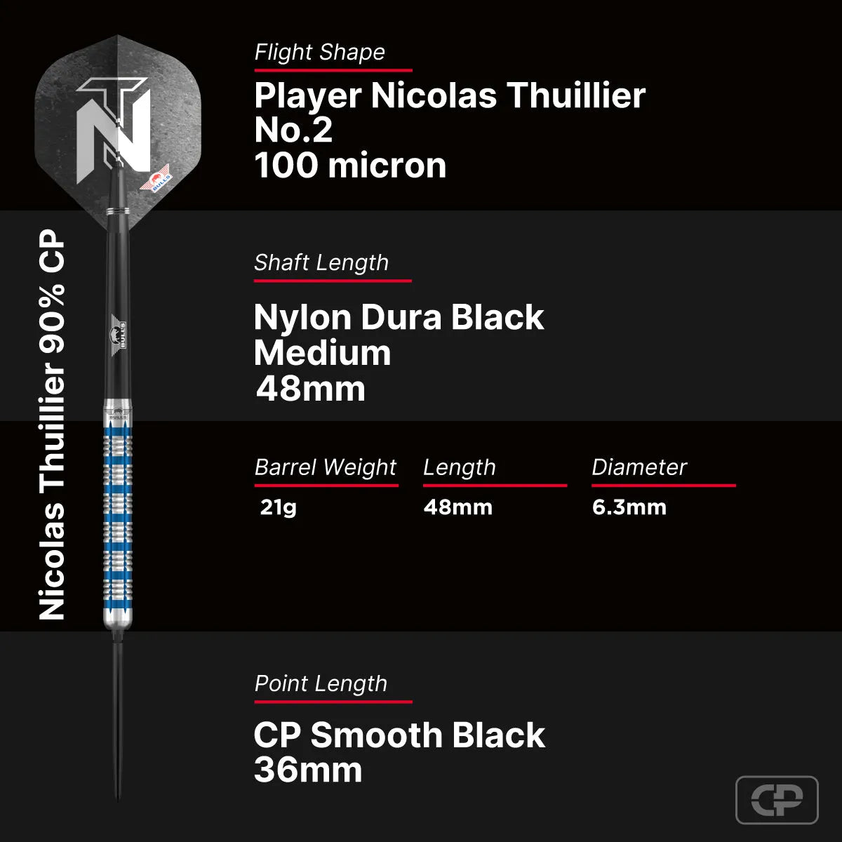 Bull's NL Nicolas Thuillier CP 90% Tungsten Steel Tip Darts-6-21 GRAM-Premier Darts