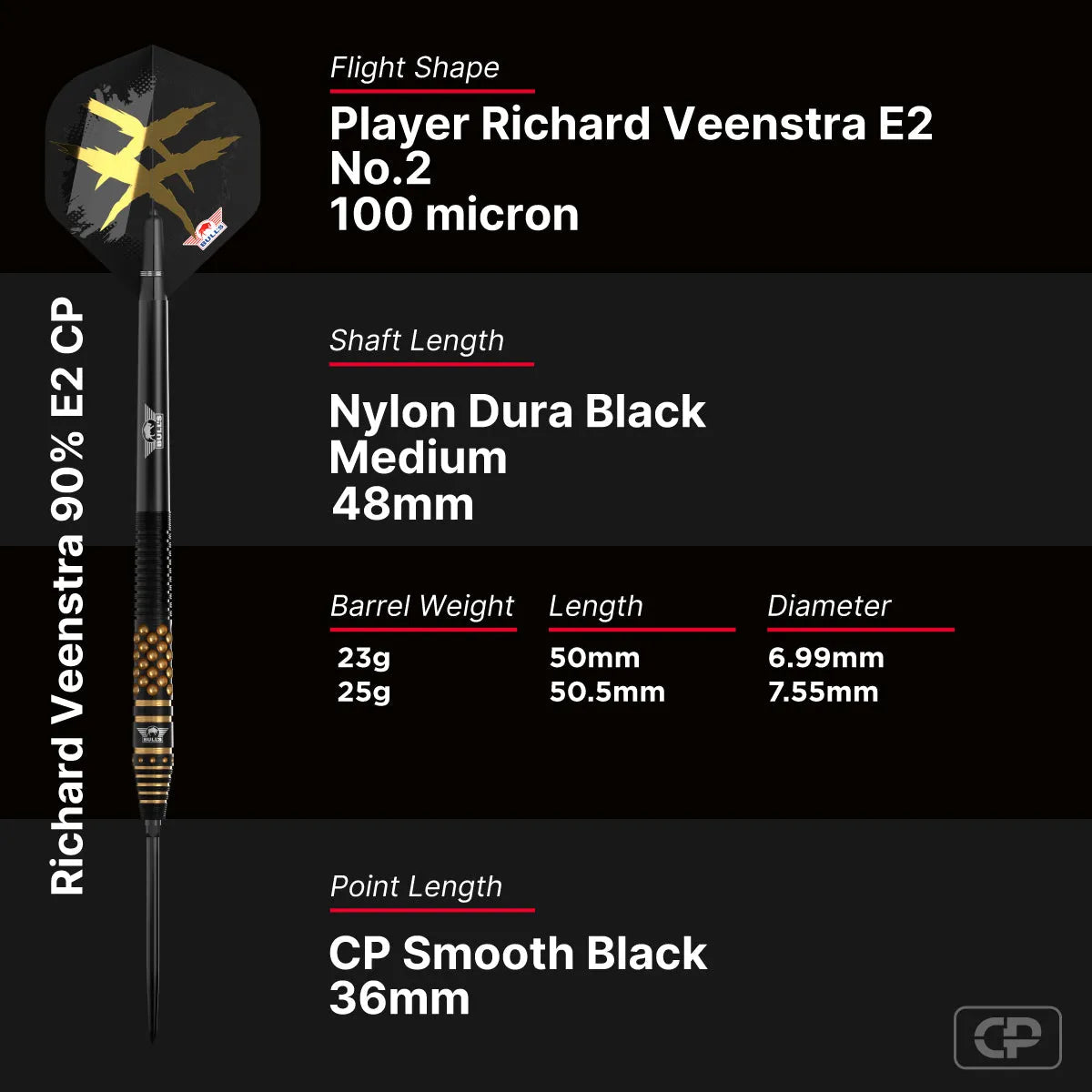 Bull's NL Richard Veenstra E2 Black CP 90% Tungsten Steel Tip Darts-6-23 GRAM-Premier Darts