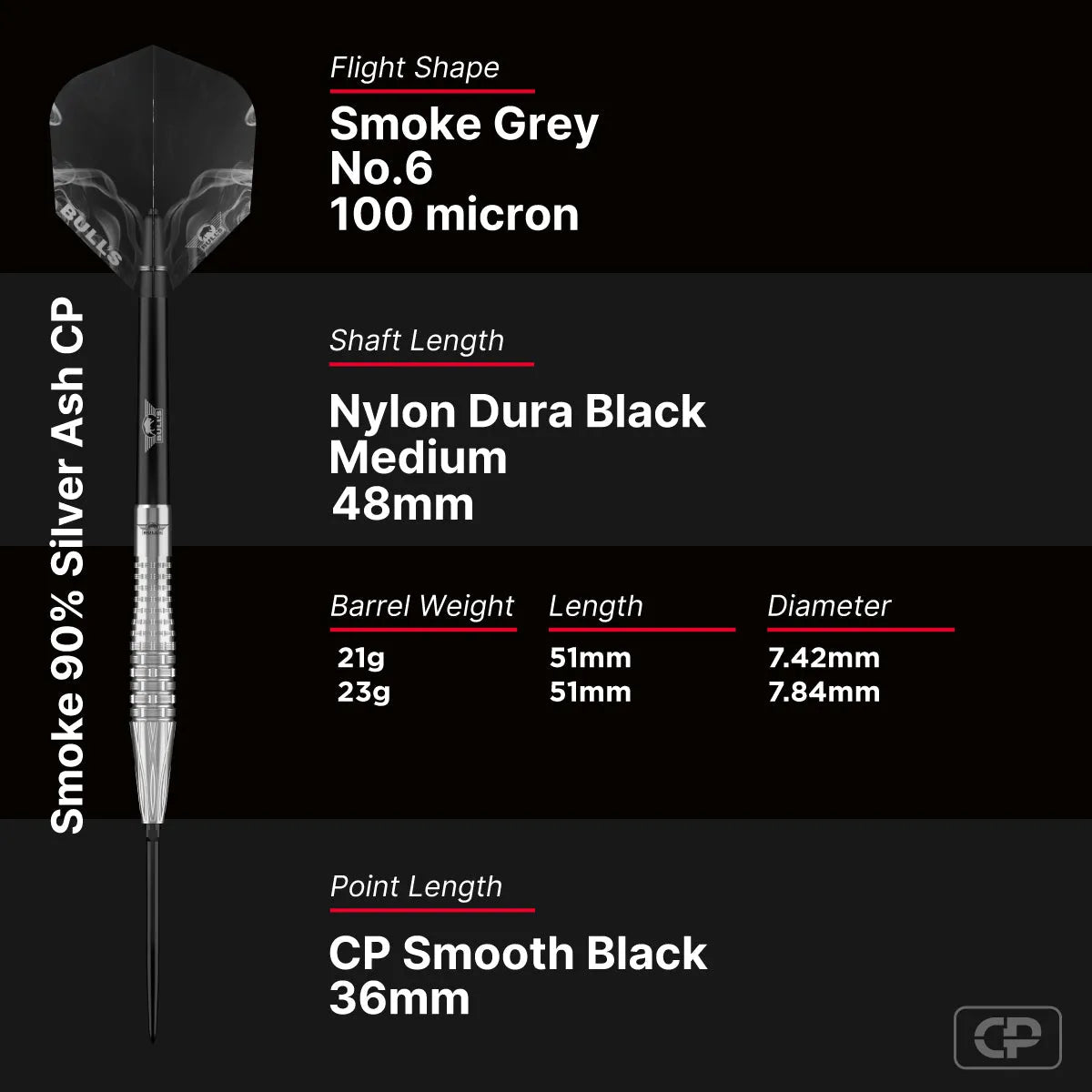 Bull's NL Silver Ash CP 90% Tungsten Steel Tip Darts-6-21 GRAM-Premier Darts