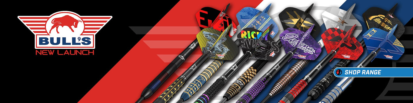 Bulls darts with various designs on a black and red background
