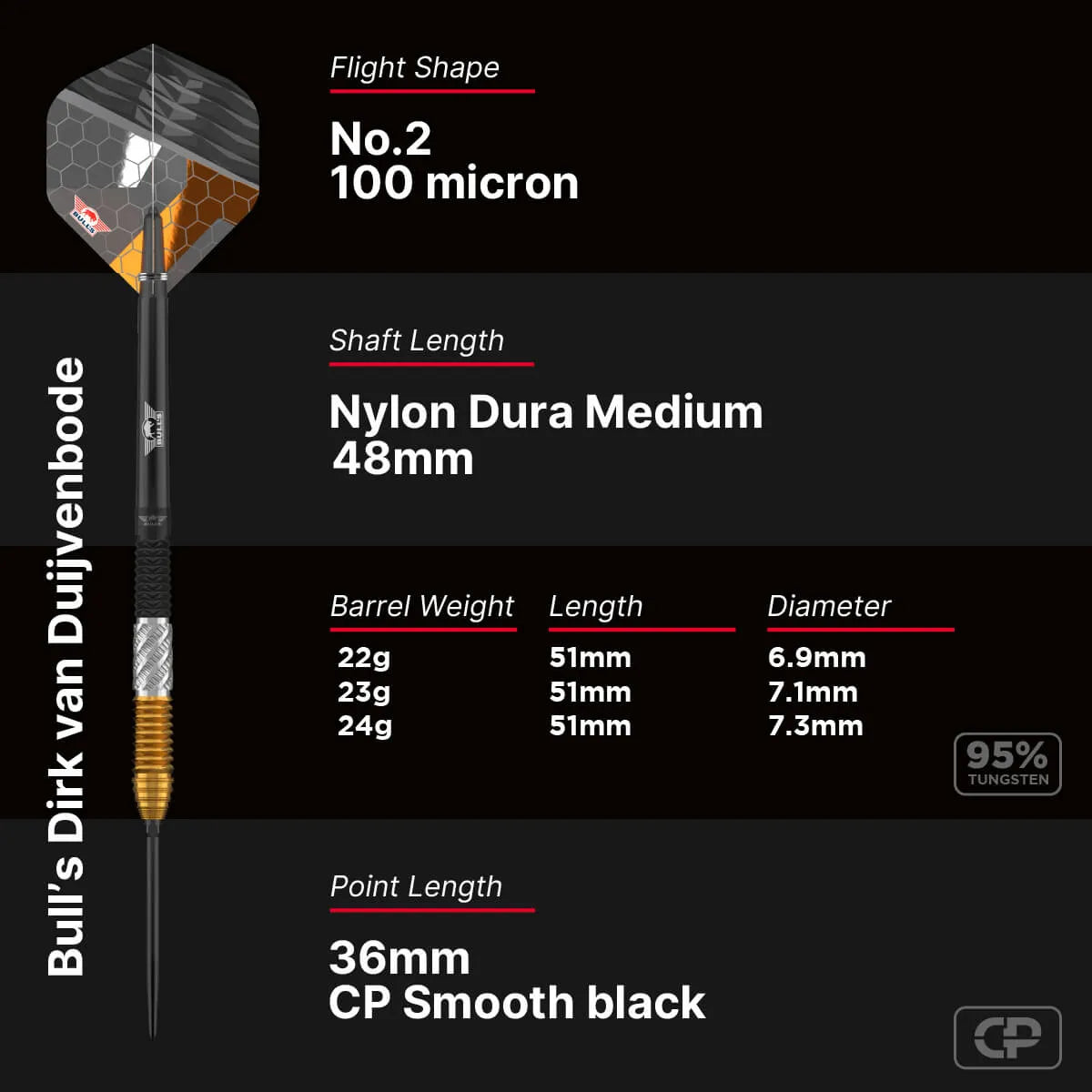 Bull's NL Dirk van Duijvenbode CP 95% Tungsten Steel Tip Darts-5-22 GRAM-Premier Darts