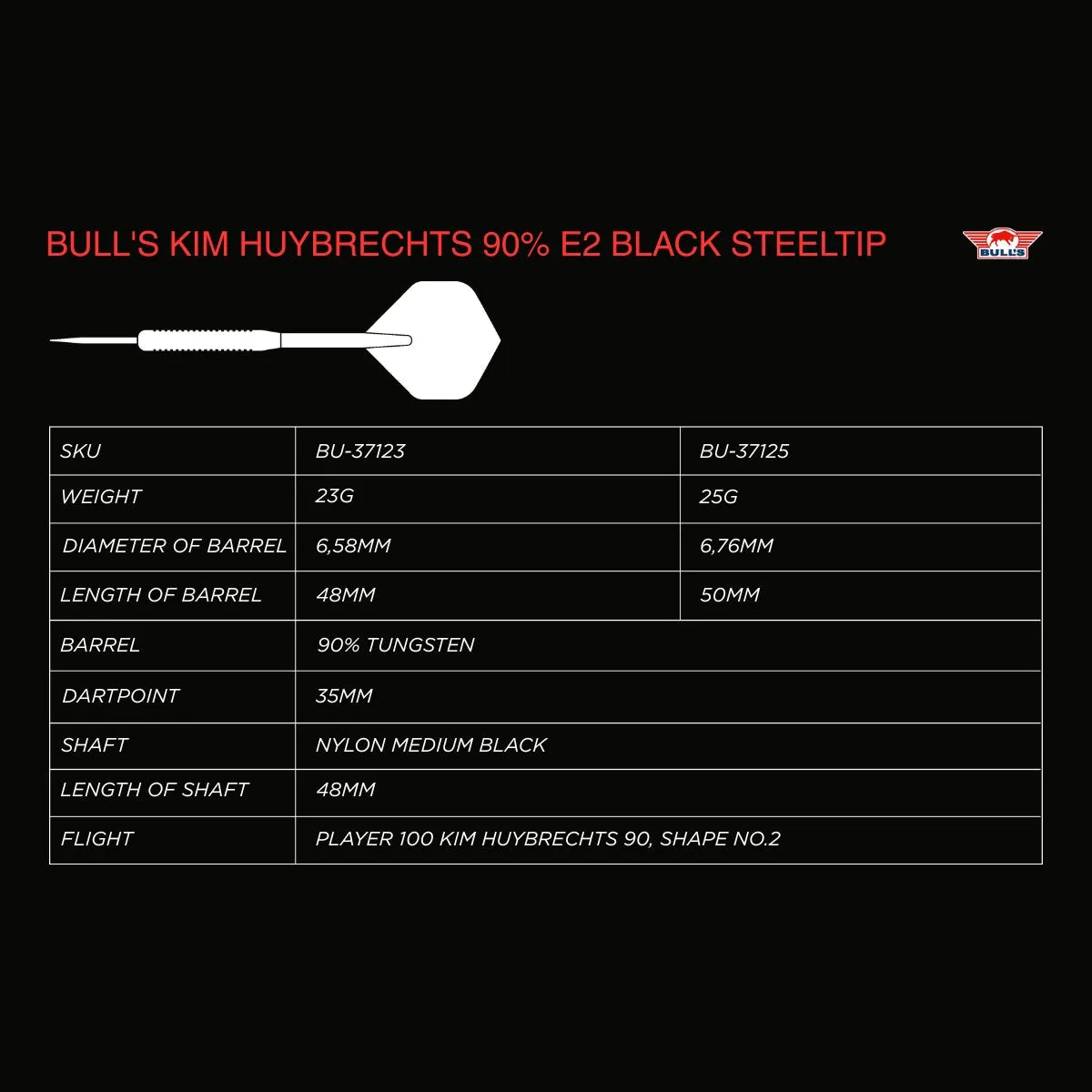 Bull's NL Kim Huybrechts E2 Black 90% Tungsten Steel Tip Darts-7-23 GRAM-Premier Darts