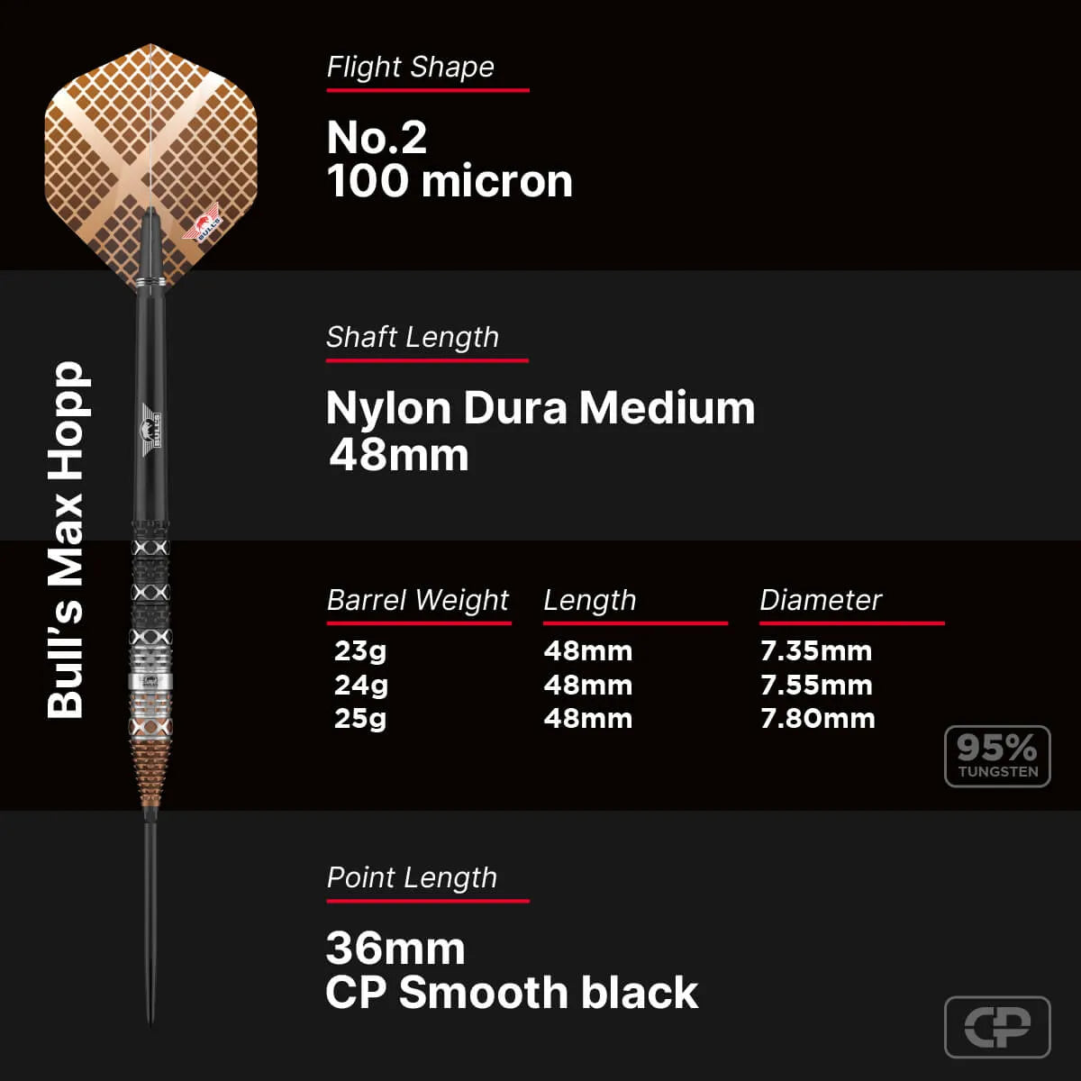 Bull's NL Max Hopp CP 95% Tungsten Steel Tip Darts-5-23 GRAM-Premier Darts