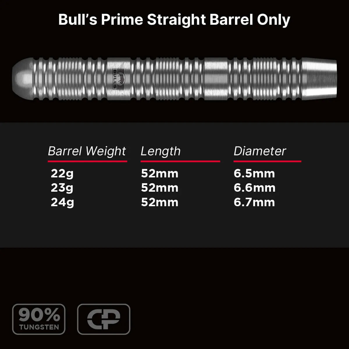 Bull's NL Prime Straight CP 90% Tungsten Steel Tip Barrels Only-6-22 GRAM-Premier Darts