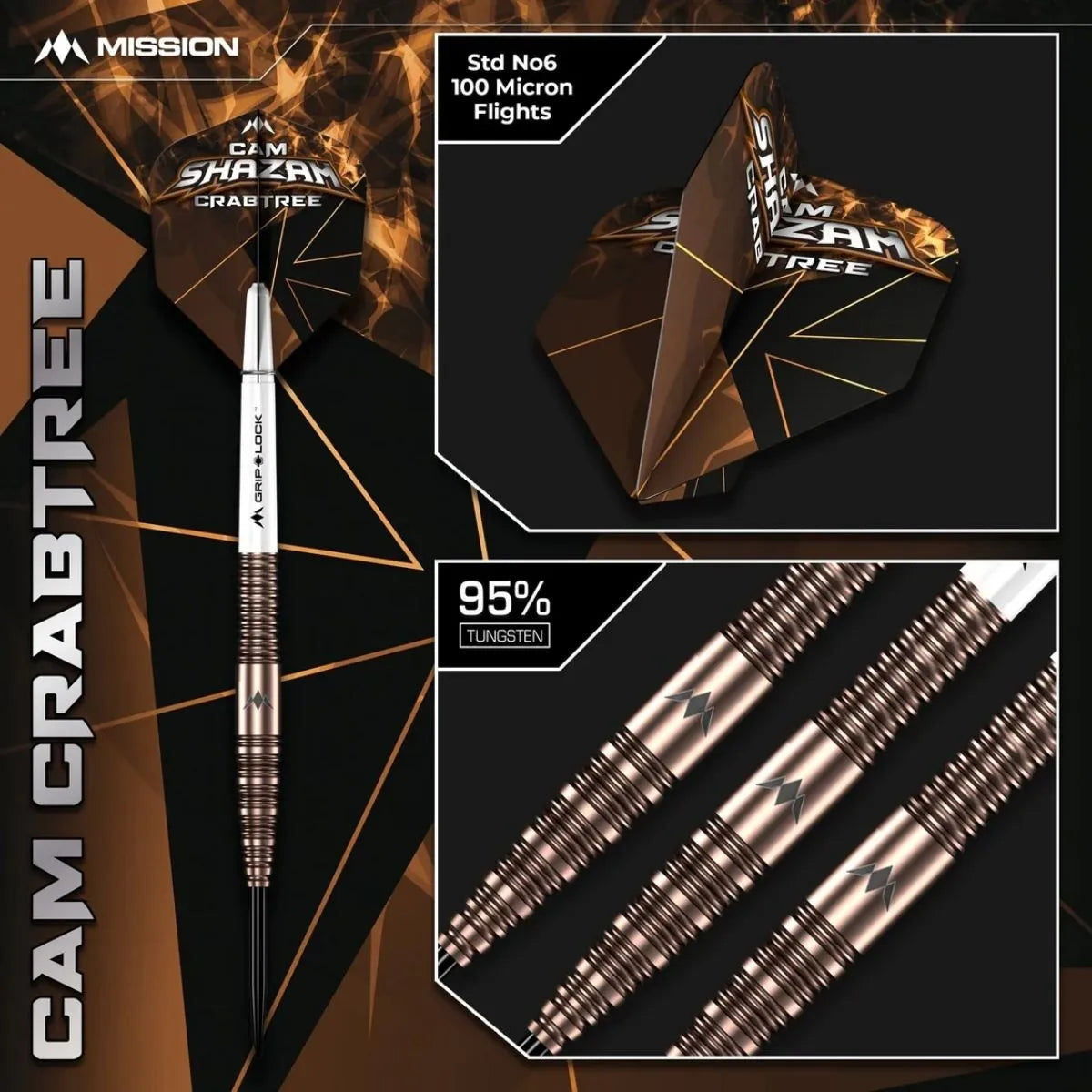Mission Cam Crabtree V2 95% Tungsten Steel Tip Darts-5-22 GRAM-Premier Darts