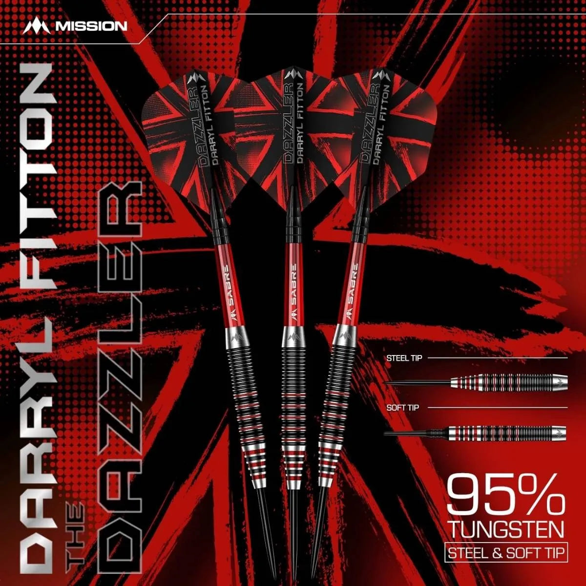Mission Darryl Fitton Electro Black & Red 95% Tungsten Steel Tip Darts-5-22 GRAM-Premier Darts