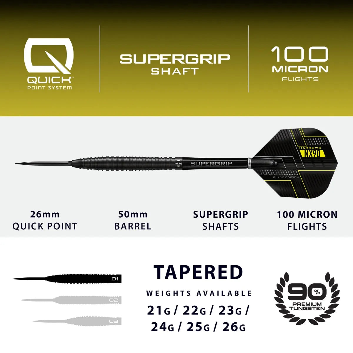 Harrows NX90 Black QP 90% Tungsten Steel Tip Darts-4-21 GRAM-Premier Darts