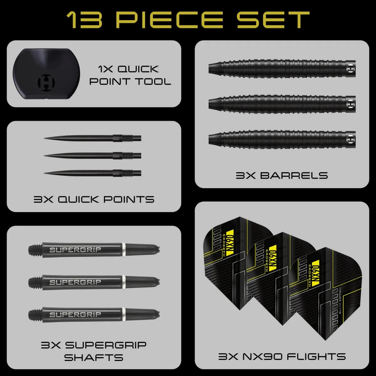 Harrows NX90 Black QP 90% Tungsten Steel Tip Darts-6-21 GRAM-Premier Darts