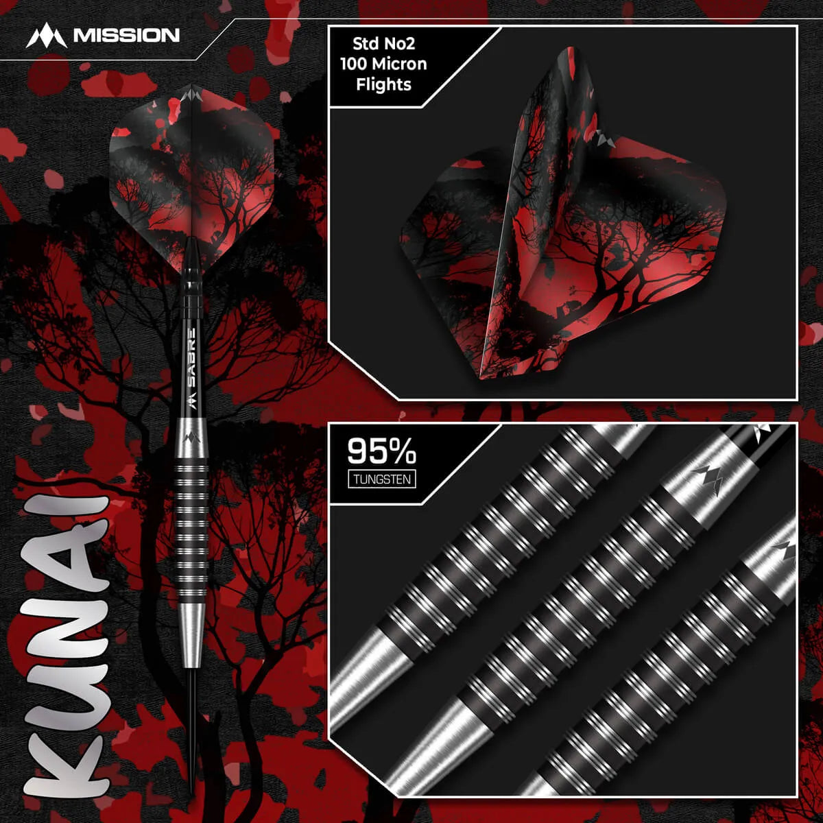 Mission Kunai Black PVD 95% Tungsten Steel Tip Darts-7-23 GRAM-Premier Darts