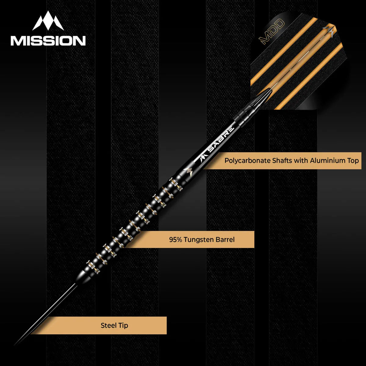 Mission Mike De Decker Black & Gold PVD 95% Tungsten Steel Tip Darts-4-22 GRAM-Premier Darts