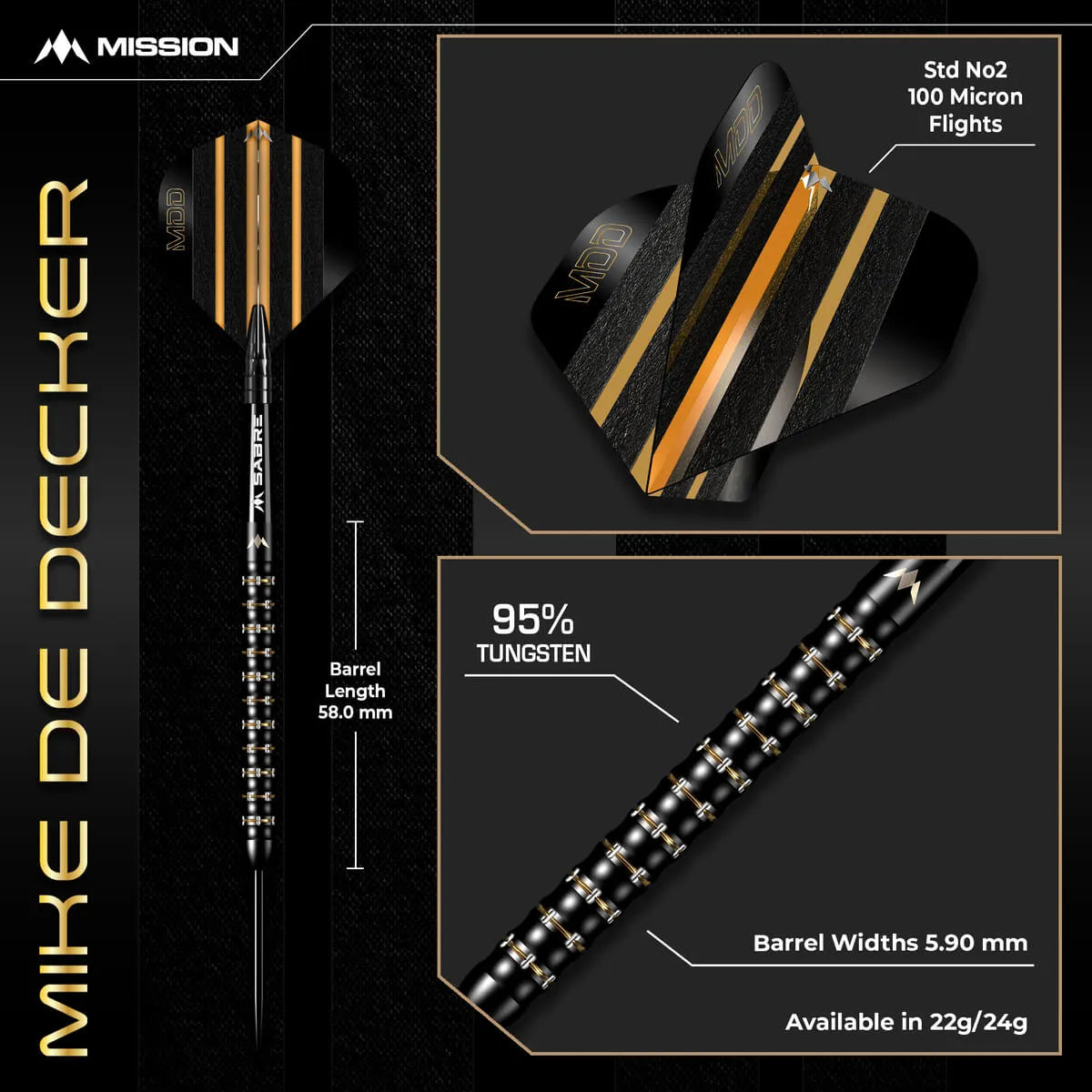 Mission Mike De Decker Black & Gold PVD 95% Tungsten Steel Tip Darts-7-22 GRAM-Premier Darts