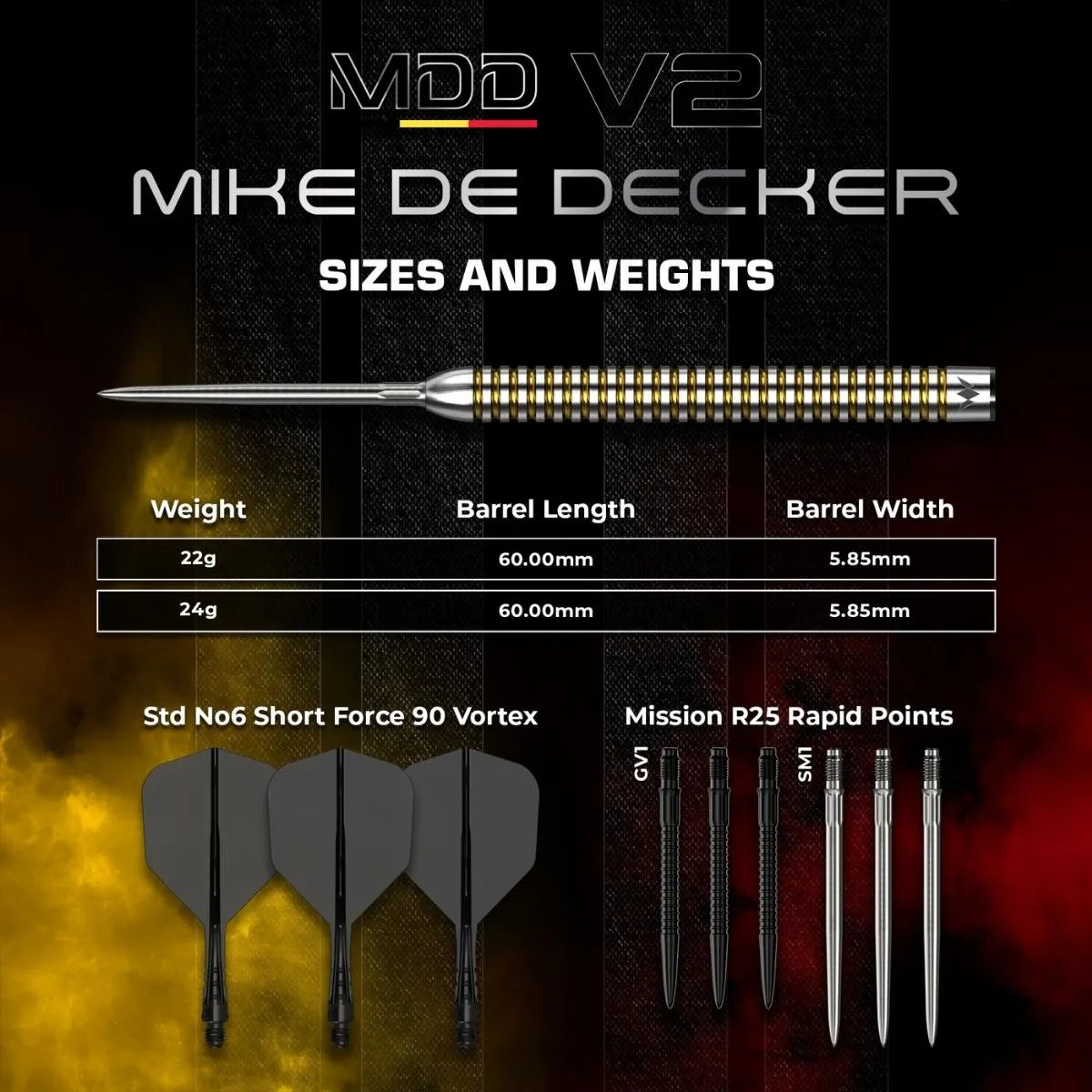 Mission Mike De Decker V2 R2.5 95% Tungsten Steel Tip Darts-4-22 GRAM-Premier Darts