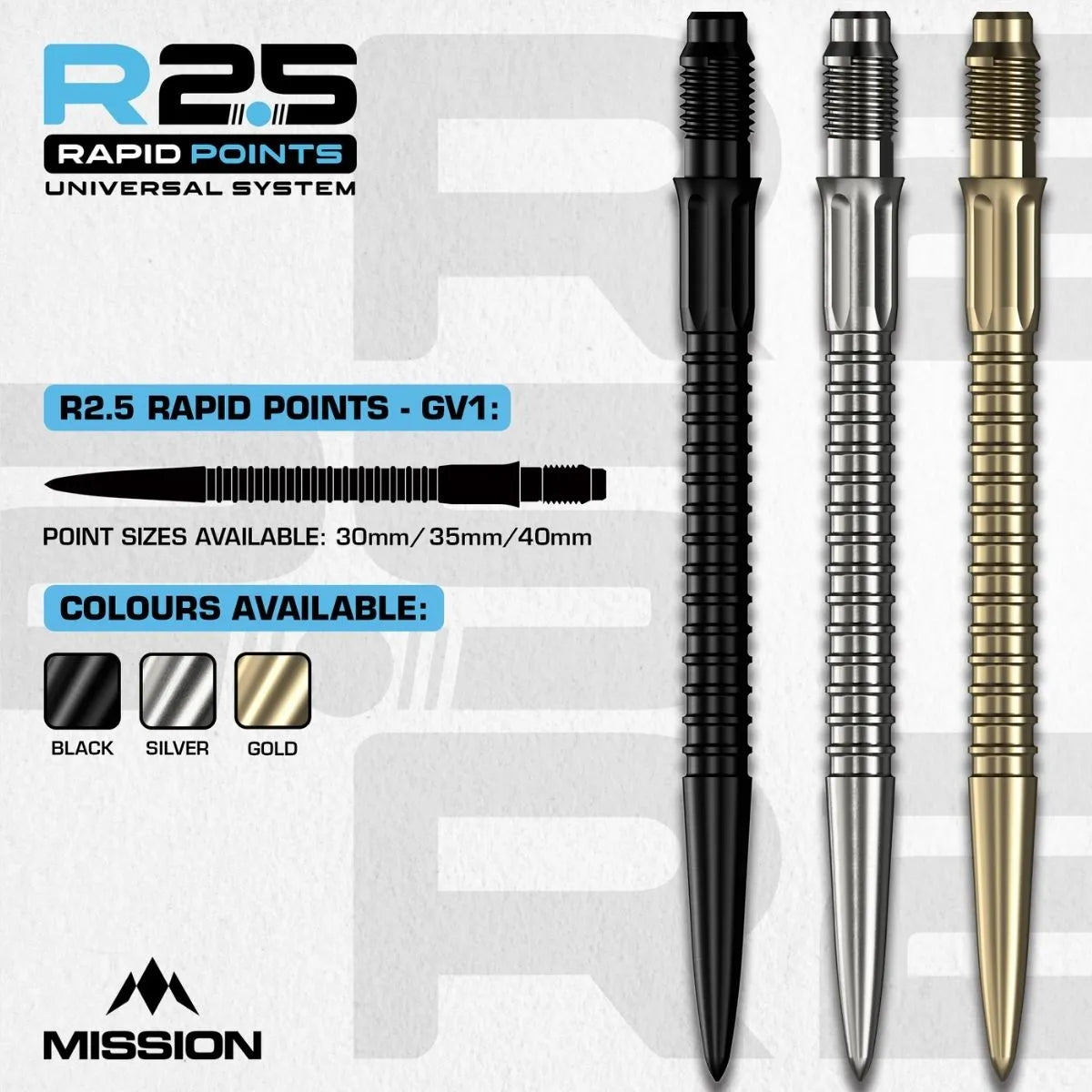 Mission R2.5 Rapid Dart Points - GV1-2-Black-30mm-Premier Darts