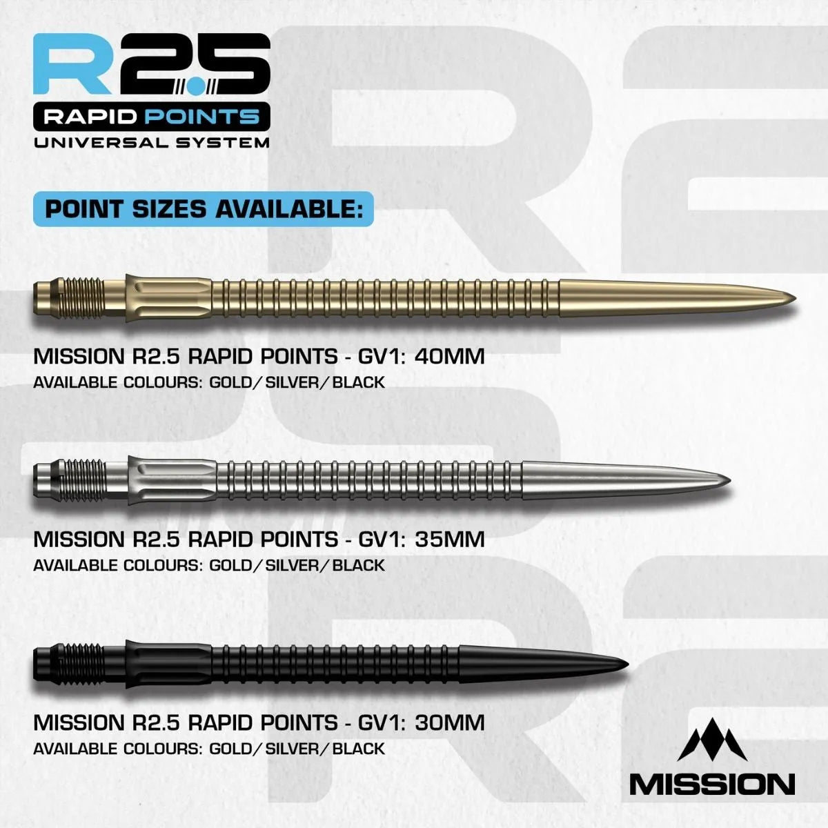 Mission R2.5 Rapid Dart Points - GV1-3-Black-30mm-Premier Darts