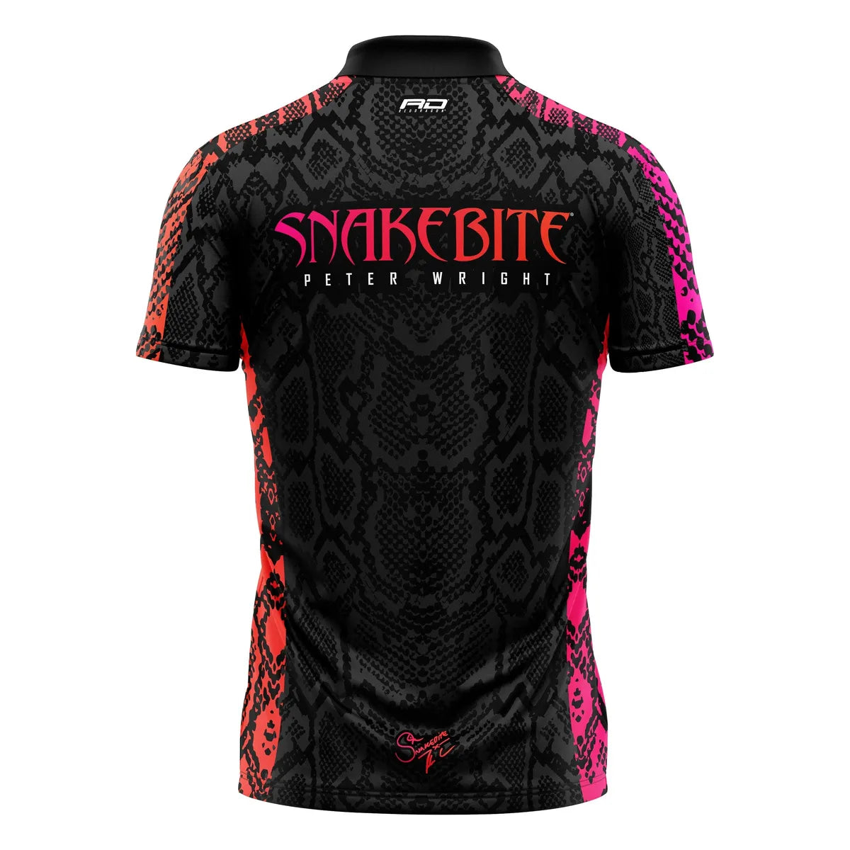 Black and pink snakebite-themed shirt with branding on a white background