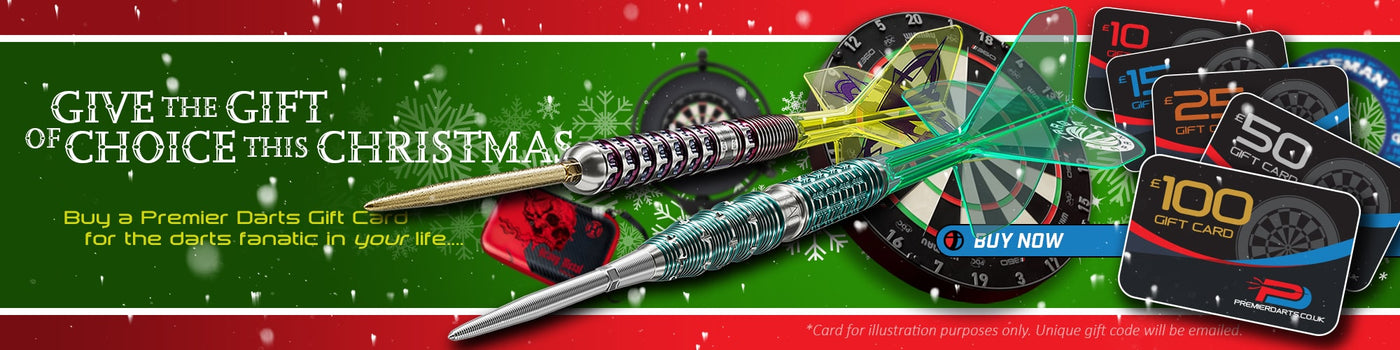 Promotional banner for Premier Darts with darts and gift cards with Christmas themed background.