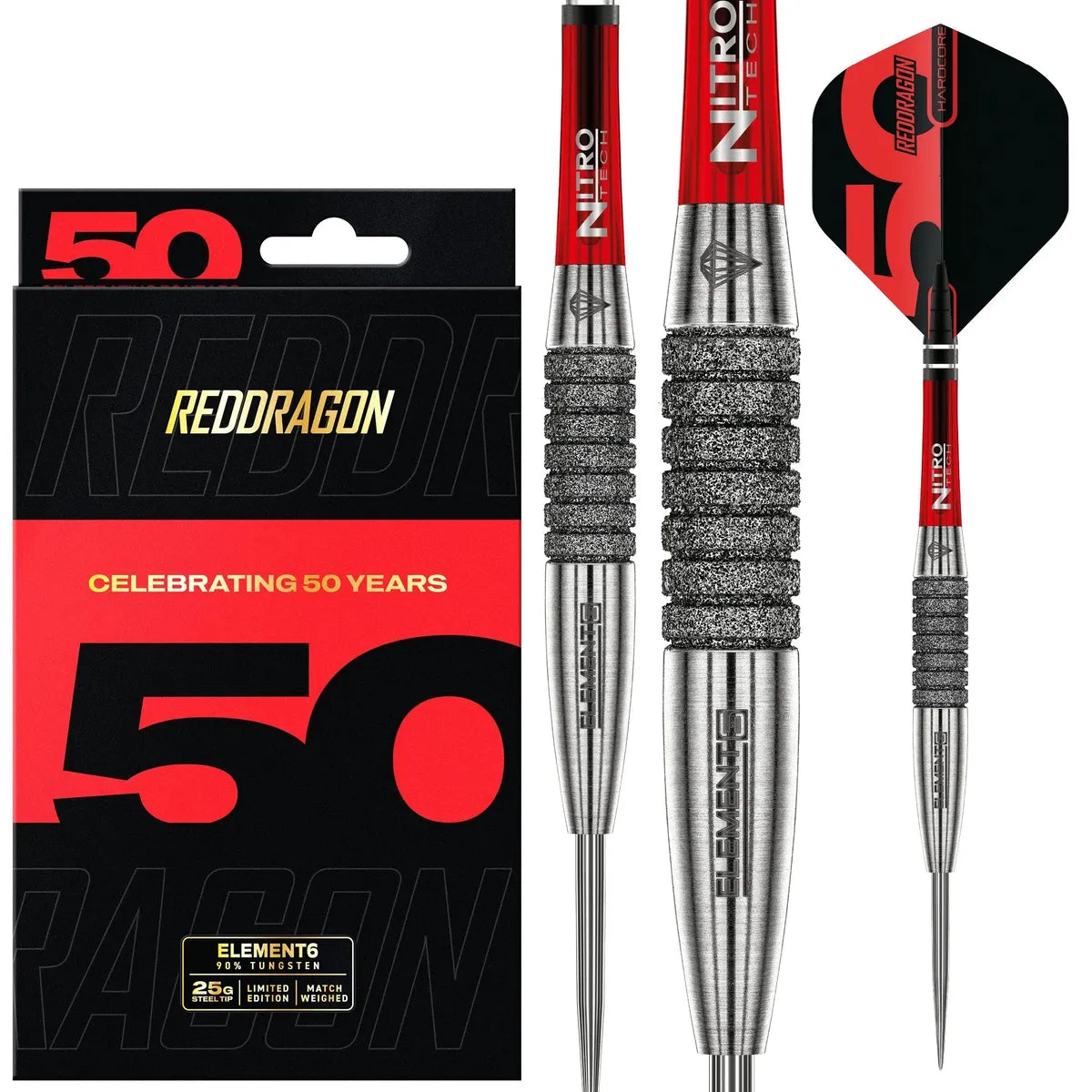 Fléchettes Red Dragon Element6 – 90% Tungstène, édition 50 Ans – Pointes Acier, Poids 24g Ou 25g – Grip Diamant Pour Pros !