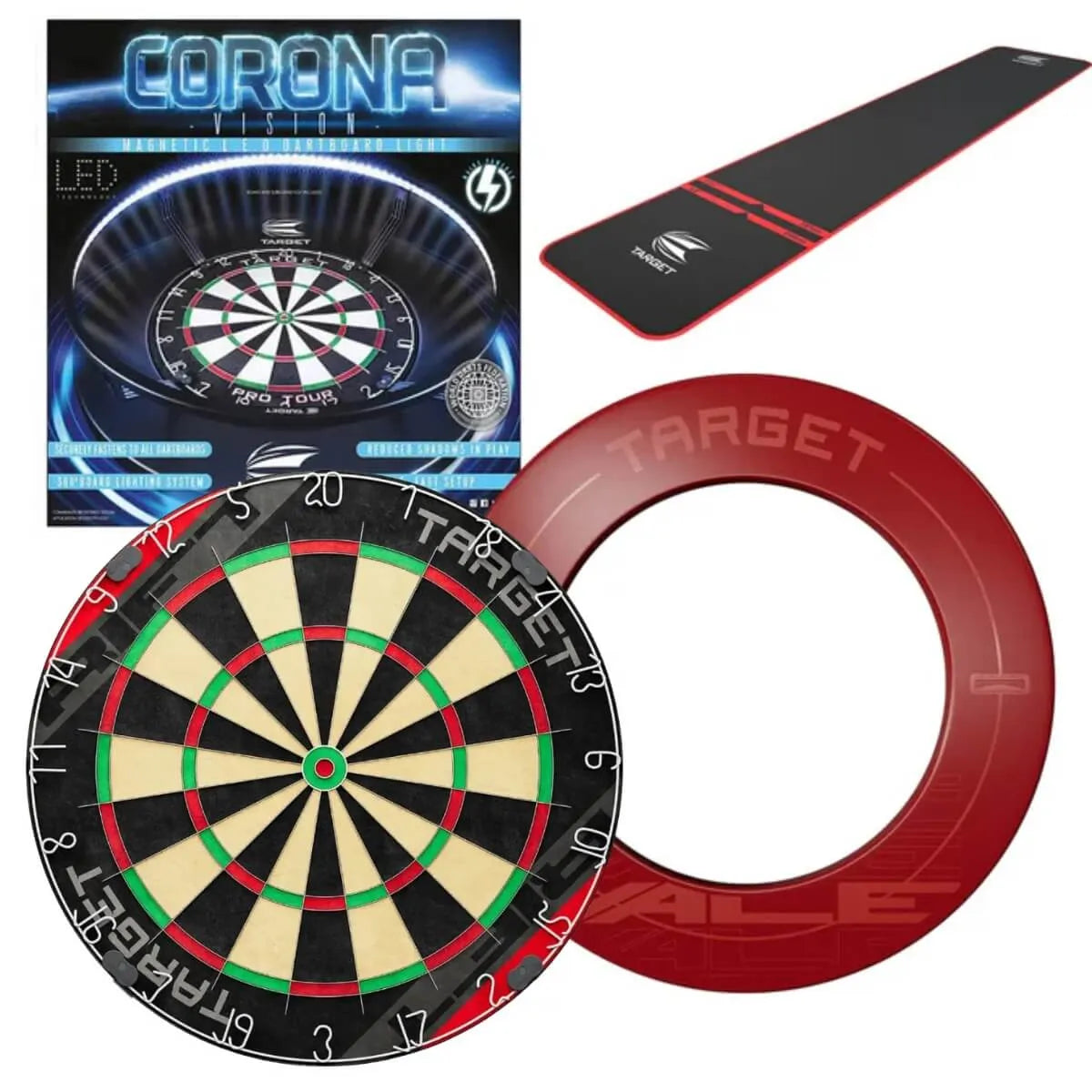Target Rift Dartboard Board + Corona Light + World Chamion Mat + Vale Surround Bundle-4-Red-Premier Darts