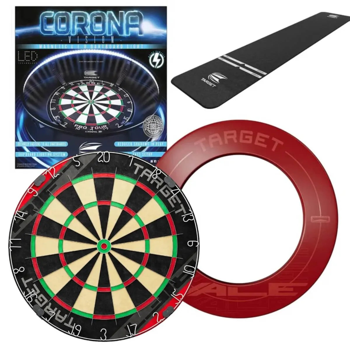 Target Rift Dartboard Board + Corona Light + World Chamion Mat + Vale Surround Bundle-5-White-Premier Darts