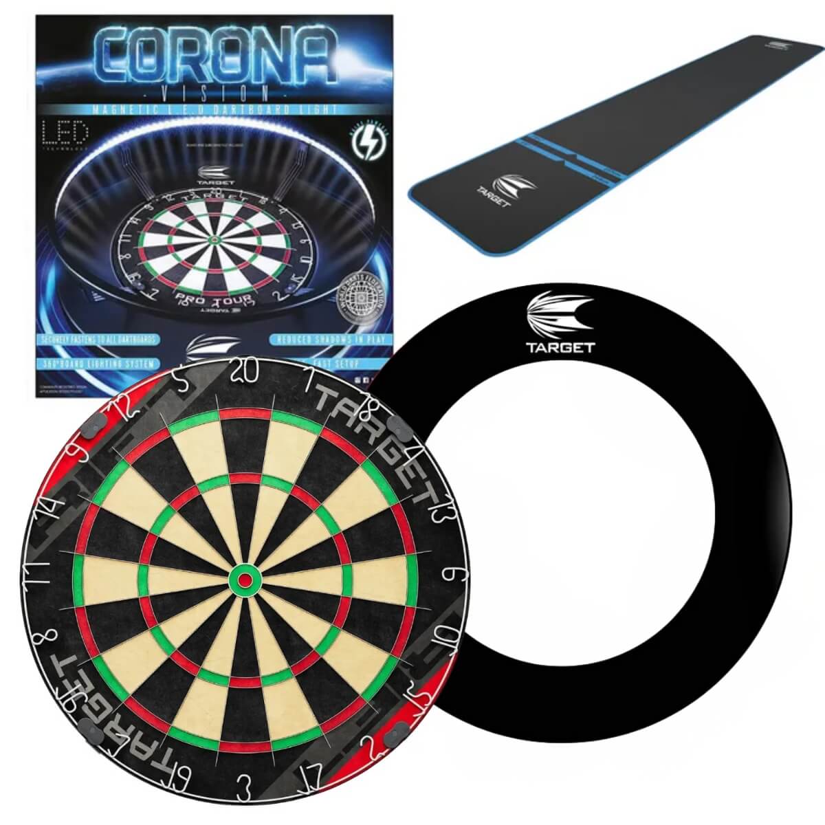 Target Rift Dartboard Board + Corona Light + World Chamion Mat + Tour Surround Bundle