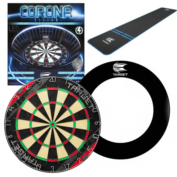 Target Rift Dartboard Board + Corona Light + World Chamion Mat + Tour Surround Bundle-1-Black-Blue-Premier Darts