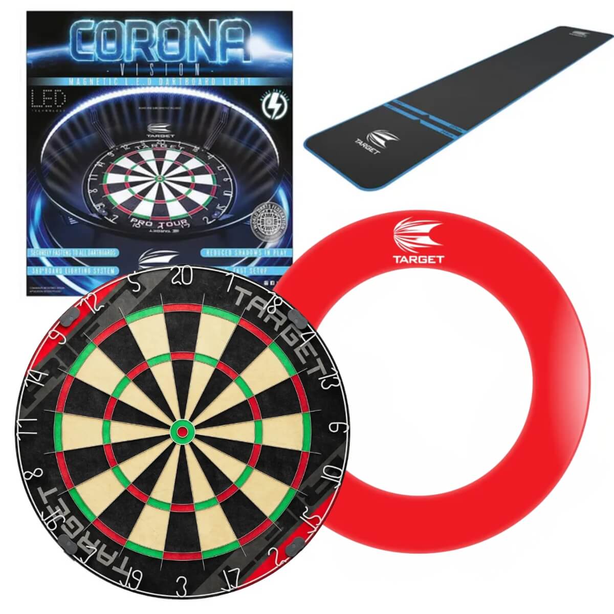 Target Rift Dartboard Board + Corona Light + World Chamion Mat + Tour Surround Bundle
