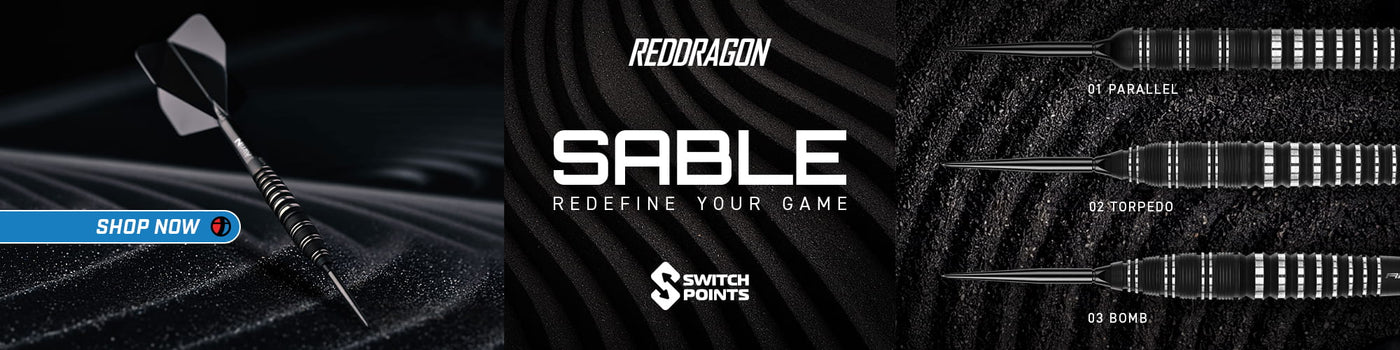Red Dragon Sable dart with branding and product details on a black background