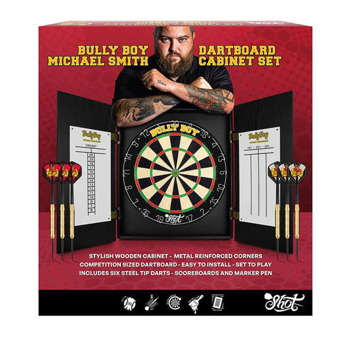 Shot Michael Smith Bully Boy Dartboard Cabinet Set