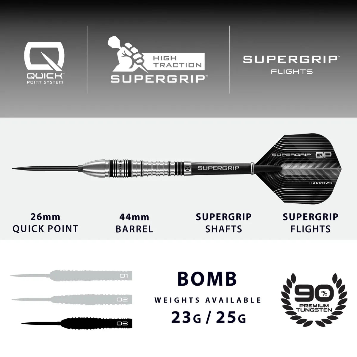 Harrows Supergrip QP Bomb 90% Tungsten Steel Tip Darts-4-23 GRAM-Premier Darts
