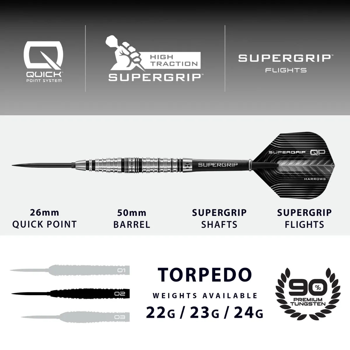Harrows Supergrip QP Torpedo 90% Tungsten Steel Tip Darts-4-22 GRAM-Premier Darts