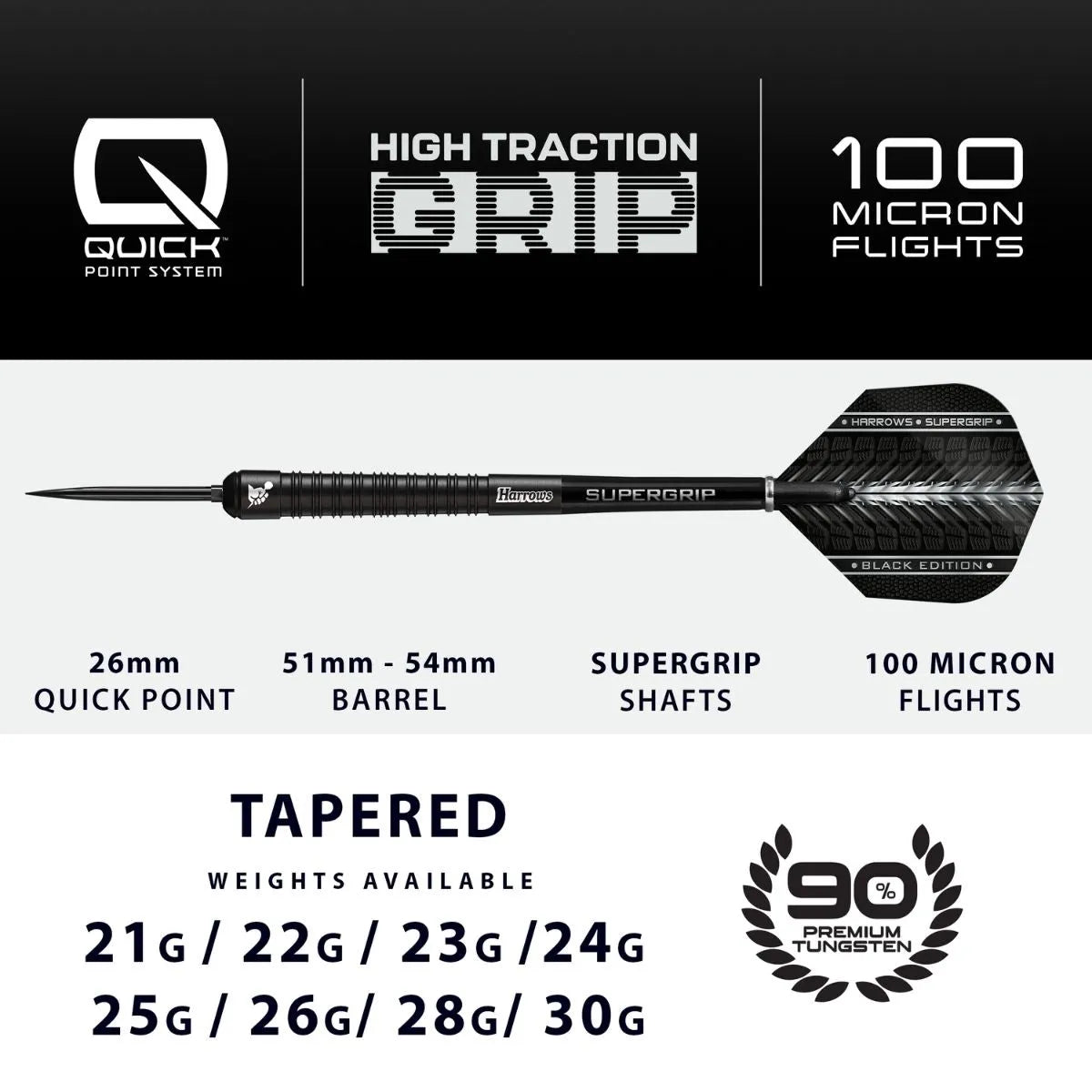 Harrows Supergrip Black QP 90% Tungsten Steel Tip Darts-4-21 GRAM-Premier Darts