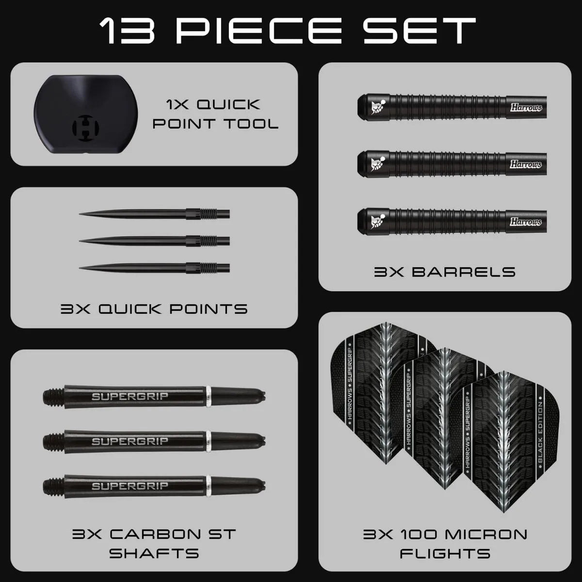 Harrows Supergrip Black QP 90% Tungsten Steel Tip Darts-6-21 GRAM-Premier Darts