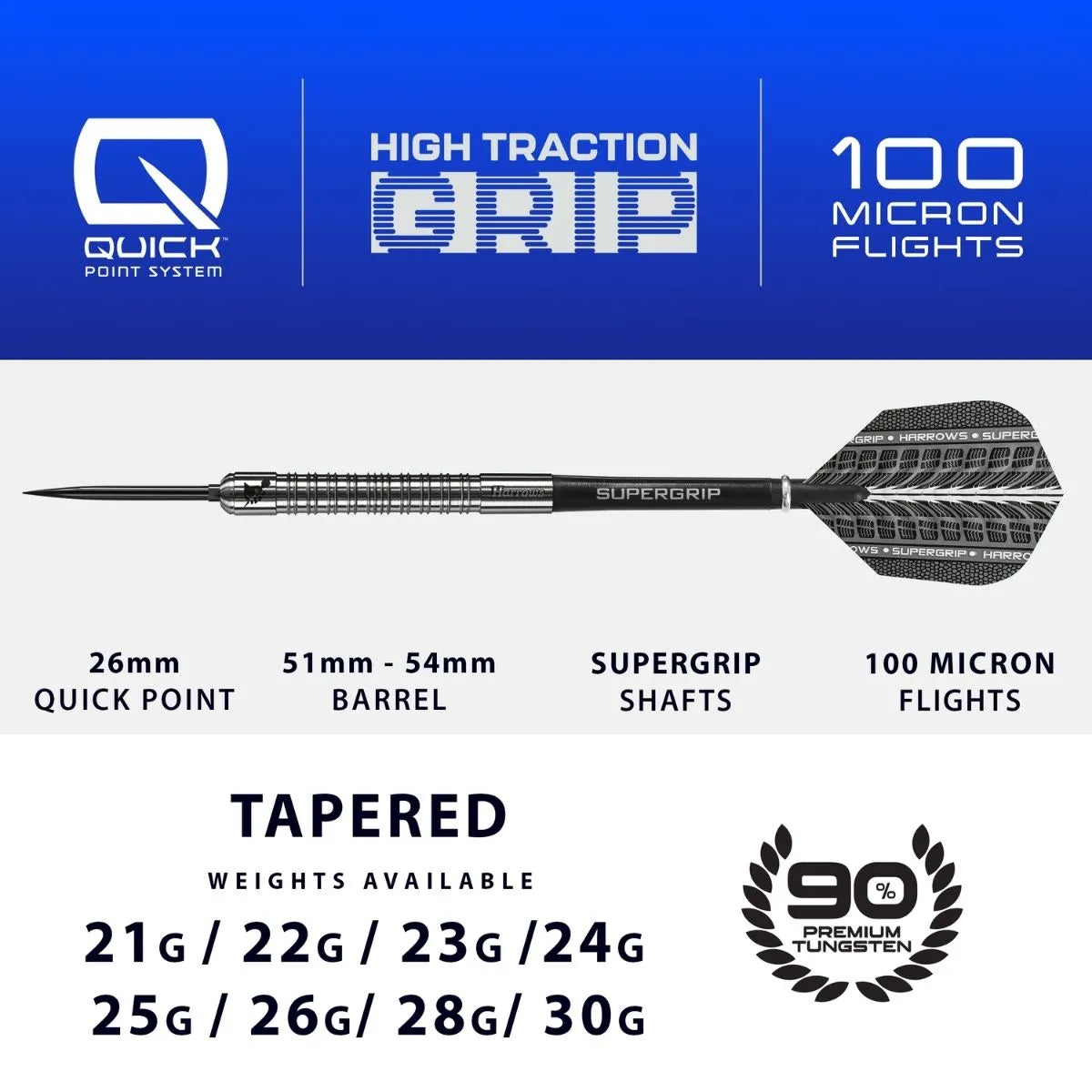 Harrows Supergrip QP 90% Tungsten Steel Tip Darts-4-21 GRAM-Premier Darts