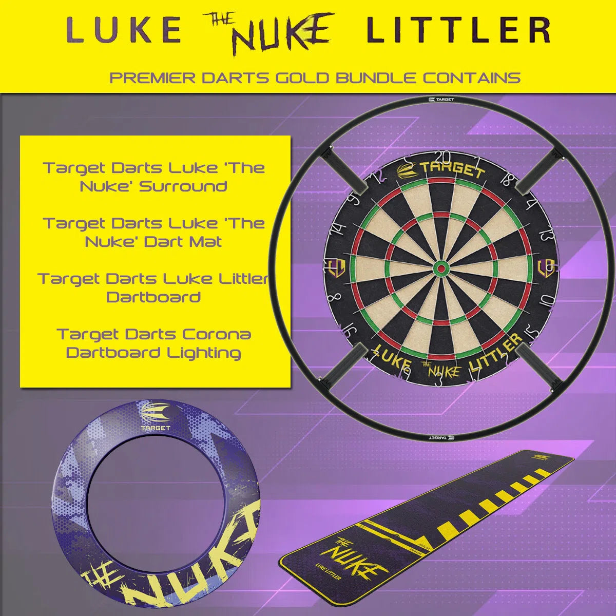 Target Darts Luke Littler GOLD Bundle  Surround, Mat, Dartboard and Corona Light