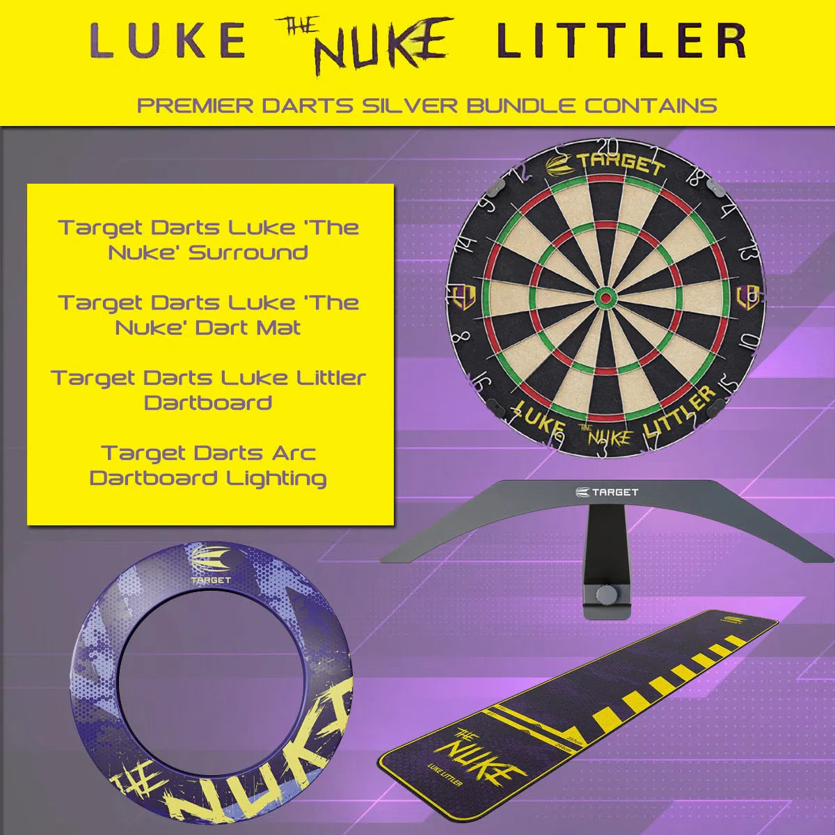 Target Darts Luke Littler SILVER Bundle  Surround, Mat, Dartboard and Arc Light