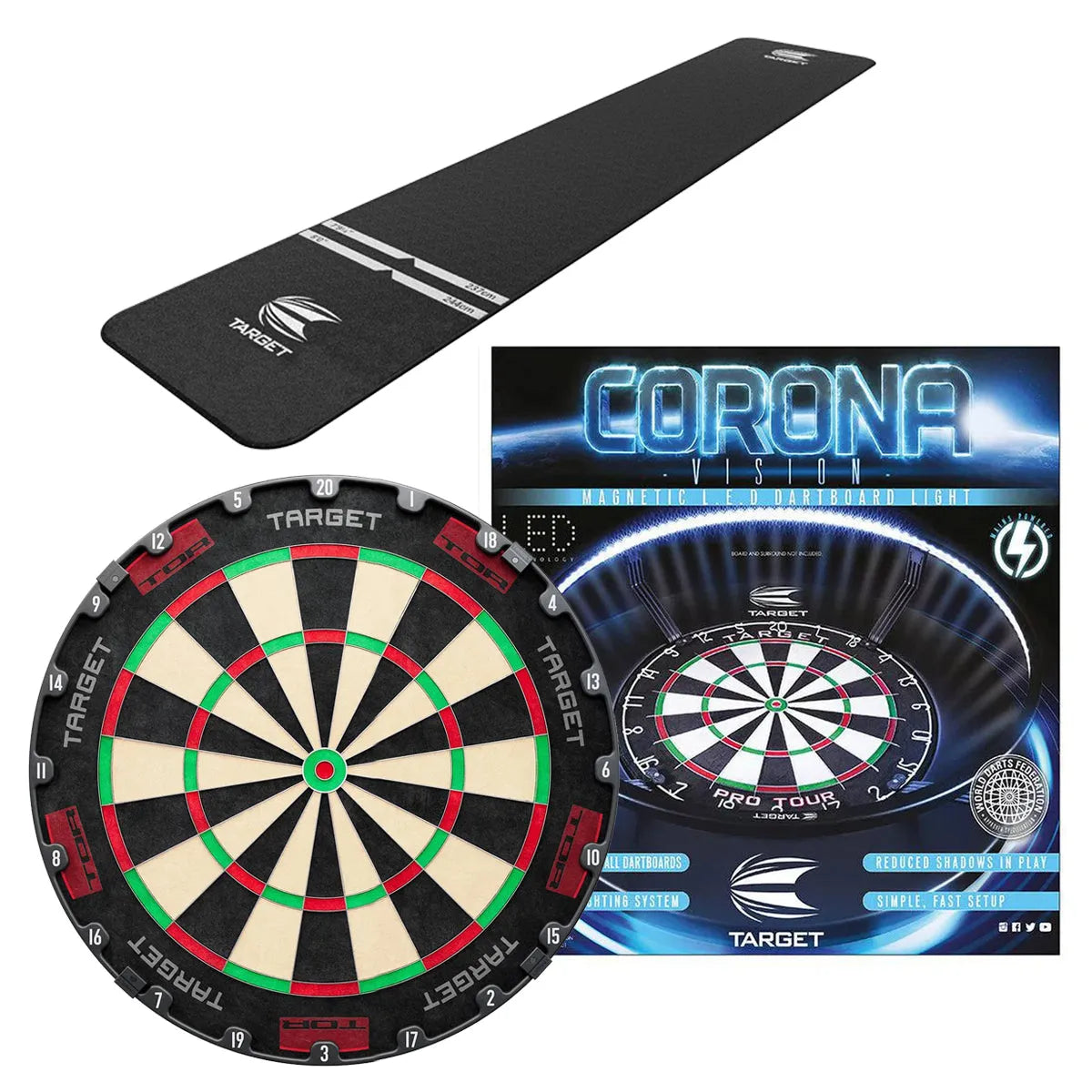 Target Tor Board, Corona Light & World Champion Mat Bundle-16-White-Premier Darts