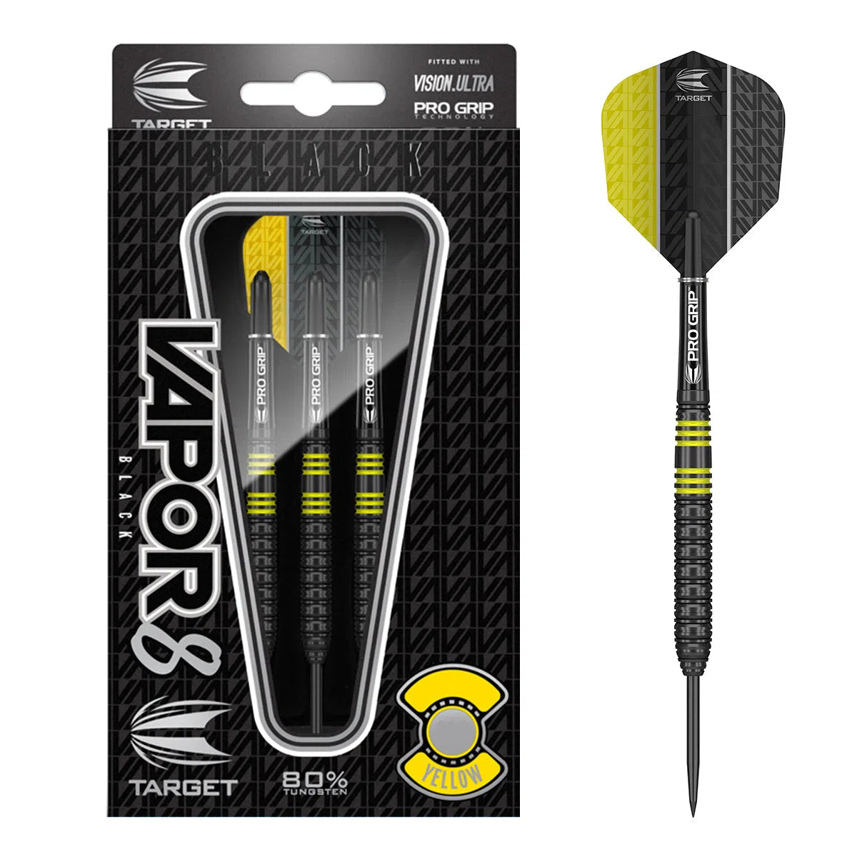 Target Darts Vapor8 80% Tungsten Black/Yellow Steel Tip Darts